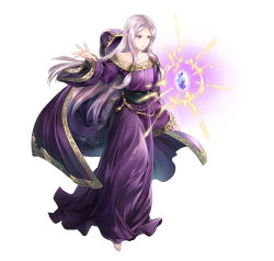 Rule 34 | 1girl, absurdres, bare shoulders, barefoot, dress, fingernails, fire emblem, fire emblem: the binding blade, fire emblem heroes, floating, floating object, full body, green eyes, heterochromia, highres, idunn (fire emblem), jewelry, long dress, long hair, nintendo, official art, parted bangs, parted lips, pointy ears, purple dress, purple hair, red eyes, sidelocks, simple background, solo, stone, white background, wide sleeves, yamada koutarou