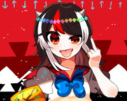 Rule 34 | 1girl, arrow (symbol), bad id, bad pixiv id, beryllium (wintermerry), black hair, blue bow, blue bowtie, blush, bow, bowtie, commentary request, fangs, grey horns, hand up, horns, kijin seija, long hair, looking at viewer, lowres, middle finger, miracle mallet, multicolored hair, nail polish, one-hour drawing challenge, patterned background, puffy short sleeves, puffy sleeves, rainbow gradient, red background, red eyes, red hair, red nails, shirt, short sleeves, solo, streaked hair, tongue, tongue out, touhou, uneven eyes, white hair, white shirt