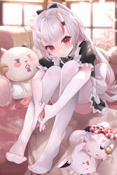 Rule 34 | 1girl, animal, black bow, blush, bow, colored inner hair, dress, frilled dress, frills, hair bow, hair ribbon, hololive, horn ornament, horn ribbon, horns, indoors, interlocked fingers, knees to chest, leaning forward, long hair, looking at viewer, maid, mujinbensin, multicolored hair, nakiri ayame, no shoes, ponytail, red eyes, red hair, ribbon, see-through, see-through legwear, short sleeves, sitting, skin-covered horns, smile, solo, streaked hair, thighhighs, thighs, toes, virtual youtuber, white hair, white thighhighs, window
