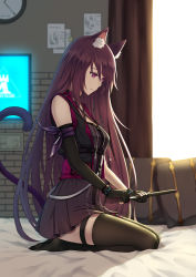 Rule 34 | 1girl, animal ear fluff, animal ears, arknights, armband, asymmetrical legwear, black dress, black gloves, black thighhighs, black vest, blurry, blurry background, breasts, cat ears, cat tail, chinese commentary, choker, cleavage, clock, commentary, curtains, depth of field, dress, elbow gloves, fingerless gloves, from side, gloves, highleg, highres, holding, holding knife, indoors, knife, light smile, lingerie, logo, long hair, looking down, medium breasts, melantha (arknights), mismatched legwear, on bed, pillow, purple armband, purple eyes, purple hair, rhodes island logo (arknights), scabbard, screen, screen light, see-through, seiza, sheath, sitting, solo, sword, tail, thigh strap, thighhighs, underwear, very long hair, vest, weapon, window, yunkaiming
