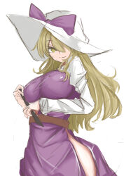 Rule 34 | 1girl, absurdres, arm under breasts, belt, blonde hair, bow, breasts, closed mouth, commentary request, cowboy shot, dress, hair between eyes, hair over one eye, hat, hat bow, highres, holding, holding stick, kuraki, large breasts, light smile, long hair, looking at viewer, purple bow, purple dress, side slit, simple background, solo, stick, touhou, very long hair, watatsuki no toyohime, white background, yellow eyes