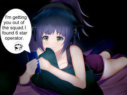 Rule 34 | 1girl, 1other, animal ears, arknights, ass, blue hair, cat ears, cellphone, crying, doctor (arknights), english text, green eyes, headphones, highres, jessica (arknights), nano (nanofarla), phone, ponytail, short shorts, shorts, smartphone, tears, wavy mouth