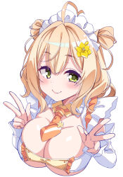 Rule 34 | 1girl, ahoge, anto mel, apron, aria (koiiroharemoyou), blonde hair, blush, breasts, c:, cleavage, close-up, closed mouth, commentary, detached collar, double-parted bangs, double bun, double w, eyelashes, flower, green eyes, hair between eyes, hair bun, hair flower, hair ornament, heart, heart ahoge, highres, indie virtual youtuber, large breasts, lips, looking at viewer, maid apron, maid headdress, medium hair, necktie, orange necktie, short necktie, simple background, sleeves past wrists, smile, solo, two side up, virtual youtuber, w, white apron, white background, white sleeves, yellow flower