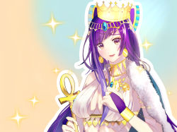 Rule 34 | 1girl, ankh, armlet, breasts, brown eyes, cape, crown, crying, crying with eyes open, earrings, fur trim, gradient background, hair ornament, highres, jewelry, kamishiro kurea, long hair, looking at viewer, medium breasts, open mouth, otogi resurrection, purple hair, simple background, solo, taketori karuta, tears, upper body, very long hair, virtual youtuber