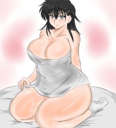 Rule 34 | 1girl, bed sheet, black hair, blue eyes, blush, breasts, cleavage, collarbone, curvy, double cross, dxyuzu, earrings, hair ornament, hairclip, jewelry, large breasts, long hair, looking at viewer, naked sheet, plump, seiza, sitting, socks, solo, stud earrings, tamano tsubaki, thick thighs, thighs, wide hips