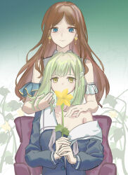 Rule 34 | 2girls, absurdres, bang dream!, bang dream! it&#039;s mygo!!!!!, black shirt, blue eyes, brown hair, closed mouth, commentary, deep dig, dress, earrings, english commentary, flower, gradient background, green background, green hair, hair ornament, hairclip, hand on another&#039;s shoulder, highres, holding, holding flower, jewelry, long hair, long sleeves, multiple girls, nagasaki soyo, off-shoulder dress, off shoulder, school uniform, shirt, single bare shoulder, single off shoulder, sitting, smile, tsukinomori school uniform, wakaba mutsumi, white background, yellow eyes, yellow flower, yuri