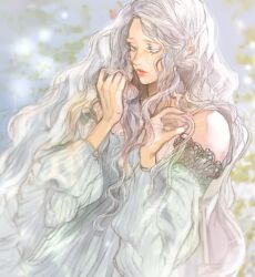 Rule 34 | 1girl, albino, closed eyes, closed mouth, dress, hands up, long hair, long sleeves, official art, rashta ishka, serious, solo, the remarried empress, very long hair, white dress, white hair, white sleeves