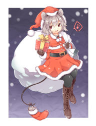 Rule 34 | 1girl, akagashi hagane, animal ears, black pantyhose, blush, boots, brown footwear, brown gloves, capelet, christmas, cross-laced footwear, gift, gloves, grey hair, hat, knee boots, lace-up boots, mouse (animal), mouse ears, musical note, nazrin, pantyhose, quaver, red eyes, sack, santa costume, santa hat, short hair, smile, snow, snowing, solo, speech bubble, spoken musical note, tail, touhou