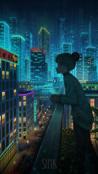 Rule 34 | 1girl, absurdres, brown hair, brown pants, building, car, city, closed eyes, closed mouth, coffee mug, cup, earrings, grey sweater, hair bun, highres, holding, holding cup, jewelry, lamppost, motor vehicle, mug, neon lights, night, on roof, original, pants, pasoputi, plant, potted plant, road, scenery, single hair bun, solo, steam, street, sweater