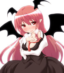 Rule 34 | 1girl, areola slip, bat wings, blush, breasts, breath, collared shirt, dress shirt, head wings, juliet sleeves, koakuma, long hair, long sleeves, looking at viewer, natsu no koucha, necktie, nose blush, puffy sleeves, red eyes, red hair, red necktie, shirt, simple background, skirt, skirt set, solo, sweat, touhou, unbuttoned, very long hair, vest, white background, white shirt, wings