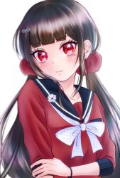 Rule 34 | 1girl, blunt bangs, blush, brown hair, closed mouth, collarbone, commentary request, danganronpa (series), danganronpa v3: killing harmony, grey background, hair ornament, harukawa maki, highres, long hair, long sleeves, looking at viewer, low twintails, mole, mole under eye, red eyes, red scrunchie, red shirt, sailor collar, satori (aosky9077), scrunchie, shirt, solo, twintails, upper body, white background