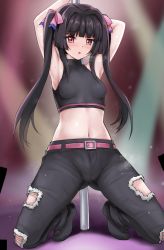 Rule 34 | 1girl, armpits, arms behind head, arms up, belt, belt buckle, black hair, black pants, blunt bangs, blush, breasts, breasts apart, buckle, covered erect nipples, crop top, floating hair, hair intakes, hair ribbon, kneeling, long hair, midriff, navel, open mouth, pants, pink belt, pink eyes, pink ribbon, pole dancing, r-binon, ribbon, senki zesshou symphogear, skin tight, small breasts, solo, stomach, torn clothes, torn pants, tsukuyomi shirabe, twintails