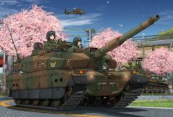 Rule 34 | 2girls, 3boys, active protection system, aircraft, cherry blossoms, cloud, commentary request, day, flower, hat, helicopter, helmet, highres, japan ground self-defense force, japan self-defense force, japan steel works 120, mikeran (mikelan), military, military hat, military uniform, military vehicle, mirror, motor vehicle, mountain, multiple boys, multiple girls, original, road, sky, tank, tank helmet, traffic light, type 10 (tank), type 74 (tank), uniform, utility pole