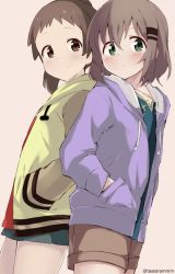 Rule 34 | 2girls, artist name, blue shirt, blush, brown background, brown eyes, brown hair, brown jacket, brown shorts, closed mouth, collarbone, commentary request, drawstring, green eyes, green skirt, hair between eyes, hair ornament, hairclip, hands in pockets, hood, hood down, hooded jacket, jacket, mio (yama no susume), multiple girls, open clothes, open jacket, pleated skirt, purple jacket, red shirt, shirt, short shorts, shorts, simple background, skirt, smile, standing, tasora, twitter username, yama no susume, yukimura aoi