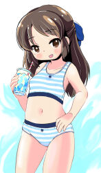 Rule 34 | 1girl, absurdres, bare arms, bare shoulders, bikini, blue bow, bow, breasts, brown eyes, brown hair, closed mouth, collarbone, cup, disposable cup, drinking straw, flower in eye, gluteal fold, hair bow, highres, holding, holding cup, ice, ice cube, idolmaster, idolmaster cinderella girls, lemon pan, long hair, navel, parted bangs, small breasts, solo, striped bikini, striped clothes, swimsuit, symbol in eye, tachibana arisu, tongue, tongue out
