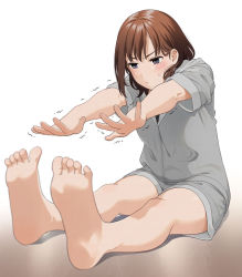 Rule 34 | 1girl, artist name, barefoot, blush, brown hair, feet, foot focus, foreshortening, grey eyes, mattaku mousuke, medium hair, on ground, original, outstretched arms, simple background, sitting, soles, solo, stretching, sweat, trembling, watermark, white background