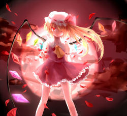 Rule 34 | 1girl, arm behind back, ascot, blonde hair, clenched hand, cloud, expressionless, flandre scarlet, flying, full moon, hair over one eye, hat, hat ribbon, highres, kokuneko (graycat06), looking at viewer, mob cap, moon, outdoors, petals, red eyes, red moon, red sky, ribbon, short hair, short sleeves, side ponytail, skirt, skirt set, sky, solo, touhou, wind, wings