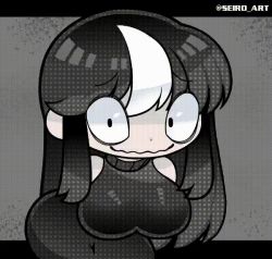 Rule 34 | 1girl, animated, animated gif, bare shoulders, black hair, bowing, breasts, dot nose, eyes visible through hair, large breasts, looking at viewer, multicolored hair, noss (rariatto), open mouth, seiro, shiny clothes, shiny skin, sidelocks, skindentation, sleeveless, solo, standing, two-tone hair, wavy mouth, white hair, wide hips