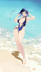 Rule 34 | 1girl, absurdres, ahoge, armpits, bare arms, bare legs, bare shoulders, barefoot, beach, blue eyes, blue hair, blunt bangs, breasts, chinese commentary, commentary request, full body, genshin impact, hands up, highres, large breasts, looking at viewer, ocean, outdoors, parted lips, shadow, short hair, solo, standing, water, wudiyuzhouxiaohuanxiong, yelan (genshin impact)