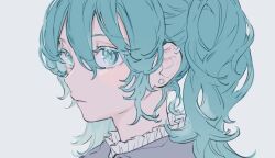 Rule 34 | 1girl, alternate hairstyle, aqua eyes, aqua hair, commentary, earclip, earrings, frills, from side, hair between eyes, hatsune miku, jewelry, long hair, makoto (roketto-massyumaro), parted lips, portrait, simple background, solo, stud earrings, twintails, vocaloid, white background