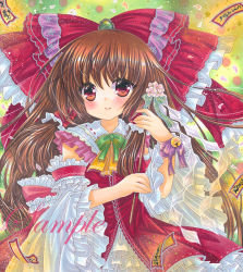 Rule 34 | 1girl, ascot, bell, blush, bow, bowtie, breasts, brooch, brown hair, closed mouth, detached sleeves, floral print, flower, frilled bow, frilled shirt collar, frilled sleeves, frills, gohei, green background, green bow, green bowtie, green brooch, hair bow, hakurei reimu, holding, holding stick, jewelry, jingle bell, large bow, long hair, looking at viewer, marker (medium), ofuda, pink flower, print bow, purple ribbon, red bow, red eyes, ribbon, rui (sugar3), sample watermark, small breasts, smile, solo, stick, touhou, traditional media, very long hair, watermark, wide sleeves, wrist ribbon, yellow ascot, yellow background