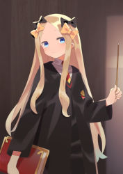 Rule 34 | 1girl, abigail williams (fate), bad id, bad pixiv id, black bow, black coat, blonde hair, blue eyes, book, bow, breasts, coat, fate/grand order, fate (series), forehead, hair bow, harry potter (series), highres, hogwarts school uniform, long hair, multiple hair bows, necktie, orange bow, parted bangs, school uniform, small breasts, wand, wizarding world, zenshin