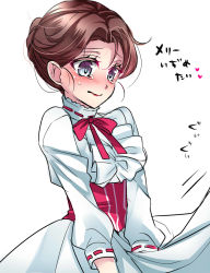 Rule 34 | 1girl, blush, bow, brown hair, bullying, crying, disney, dress, heart, highres, japanese text, kokuchuutei, mary poppins, mary poppins (character), ribbon, simple background, solo, teardrop, tears, translated, white background, white dress