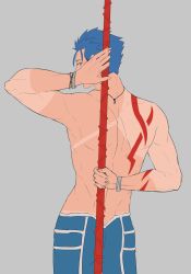 Rule 34 | 1boy, arms behind back, back, biceps, blue hair, bodypaint, bracelet, cu chulainn (fate), cu chulainn (fate/stay night), cu chulainn (second ascension) (fate), fate/grand order, fate (series), from behind, gae bolg (fate), grey background, holding, holding polearm, holding weapon, jewelry, looking back, male focus, muscular, official alternate costume, polearm, polearm behind back, red eyes, ruuto (ruto3), short hair, simple background, solo, topless male, type-moon, weapon