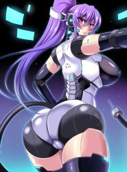 Rule 34 | 1girl, ass, black thighhighs, breasts, hand on own hip, huge ass, joints, large breasts, long hair, looking back, mecha musume, nishida megane, original, pink eyes, ponytail, purple hair, robot joints, solo, thighhighs, thighs