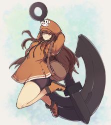Rule 34 | 1girl, anchor, bag, bare legs, bike shorts, black gloves, brown eyes, brown hair, cabbie hat, fingerless gloves, from above, full body, gloves, guilty gear, guilty gear strive, hat, highres, holding, holding weapon, jacket, long hair, looking at viewer, may (guilty gear), open mouth, orange hat, orange jacket, pirate, pirate hat, shoes, simple background, skull and crossbones, smile, solo, weapon, white background, wide sleeves, yonaga san