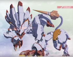 Rule 34 | 10s, character name, claws, darling in the franxx, fog, glowing, glowing eyes, horns, lion, looking at viewer, mecha, nandz, no humans, polearm, robot, single horn, solo, sparks, strelizia, tail, weapon