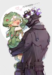 Rule 34 | 1boy, 1girl, blush, bondrewd, carrying, child, closed eyes, father and daughter, flower wreath, gloves, green hair, made in abyss, mask, open mouth, prushka, saiko67, short hair, white hair