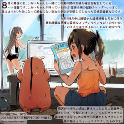 Rule 34 | 2girls, admiral (kancolle), alternate costume, animal, blue skirt, brown eyes, brown hair, colored pencil (medium), commentary request, computer, cup, dated, drink, drinking glass, hamster, holding, holding paper, hose, i-400 (kancolle), i-401 (kancolle), ice, kantai collection, kirisawa juuzou, laptop, long hair, multiple girls, non-human admiral (kancolle), numbered, open mouth, paper, pencil, pleated skirt, ponytail, shirt, short hair, sitting, skirt, sleeveless, sleeveless shirt, smile, traditional media, translation request, twitter username, white shirt