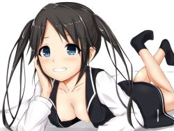Rule 34 | 1girl, arm support, ass, black hair, black shirt, blue eyes, blush, breasts, clenched teeth, collarbone, idolmaster, idolmaster shiny colors, inou eita, jacket, legs up, long hair, looking at viewer, lying, mitsumine yuika, nipples, on stomach, open clothes, open jacket, shirt, small breasts, smile, teeth, twintails
