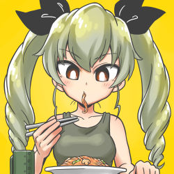 Rule 34 | 10s, 1girl, anchovy (girls und panzer), black ribbon, black shirt, bright pupils, chopsticks, comic, commentary request, cup, drill hair, eating, food, food in mouth, girls und panzer, green hair, hair ribbon, holding, long hair, mouth hold, pasta, red eyes, ribbon, shirai keita, shirt, simple background, sitting, solo, tank top, twin drills, twintails, upper body, white pupils, yellow background