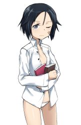 Rule 34 | 1girl, bandaid, bandaid on face, black eyes, black hair, book, brave witches, closed mouth, commentary, cowboy shot, crotch seam, dress shirt, english commentary, fankupl, frown, gluteal fold, highres, holding, holding book, kanno naoe, long sleeves, looking to the side, no pants, one eye closed, open clothes, open shirt, panties, shirt, short hair, simple background, sleepy, solo, standing, tearing up, underwear, wavy mouth, white background, white panties, white shirt, world witches series