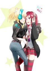 Rule 34 | 10s, 2girls, ayase eli, blonde hair, blue eyes, character name, denim, earphones, face-to-face, heart, jacket, jeans, kuma (bloodycolor), looking at another, love live!, love live! school idol project, multiple girls, nishikino maki, open mouth, pants, partially unzipped, ponytail, purple eyes, red hair, scrunchie, skirt, star (symbol), striped clothes, striped legwear, striped thighhighs, thighhighs, zipper