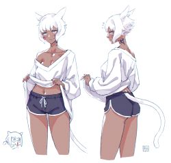 Rule 34 | 2girls, absurdres, animal ears, warrior of light (ff14), blush, breasts, cat ears, cat tail, clothes lift, collarbone, cropped legs, dark-skinned female, dark skin, facial mark, final fantasy, final fantasy xiv, grey eyes, highres, hjz (artemi), looking at viewer, medium breasts, miqo&#039;te, multiple girls, multiple views, navel, neck tattoo, oversized clothes, shirt lift, shorts, solo focus, sweatdrop, tail, tattoo, whisker markings, white background, white hair, y&#039;shtola rhul