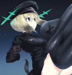 Rule 34 | 1girl, a9b (louis814), blonde hair, blue eyes, blush, breasts, dog tail, erica hartmann, green panties, grin, hat, highres, military, military hat, military uniform, panties, short hair, sky, small breasts, smile, solo, star (sky), starry sky, strike witches, striker unit, tail, underwear, uniform, world witches series