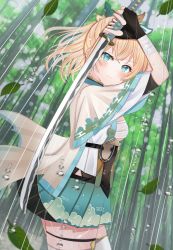 Rule 34 | 1girl, bamboo, bamboo forest, bandaged arm, bandages, black gloves, blonde hair, blue eyes, breasts, chest sarashi, closed mouth, covered navel, crossed bangs, falling leaves, fingerless gloves, forest, from side, gloves, green skirt, haori, highres, holding, holding sword, holding weapon, hololive, holox, japanese clothes, katana, kazama iroha, leaf, long hair, looking at viewer, medium breasts, nature, nibosi, outdoors, pleated skirt, ponytail, rain, sarashi, shrug (clothing), sideboob, skirt, sky, solo, sword, thigh strap, thighhighs, virtual youtuber, water drop, weapon, white thighhighs
