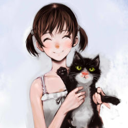 Rule 34 | 1girl, animal focus, brown hair, cat, closed eyes, goichi, original, smile, solo, twintails