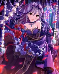 Rule 34 | 10s, 1girl, alternate hairstyle, artist request, bouquet, breasts, cleavage, dress, earrings, elbow gloves, fishnets, flower, garter straps, gloves, highres, idolmaster, idolmaster cinderella girls, jewelry, kanzaki ranko, long hair, looking at viewer, necklace, official art, open mouth, petals, purple dress, red eyes, resized, silver hair, small breasts, solo, sparkle, thighhighs, upscaled, veil, waifu2x, wedding dress