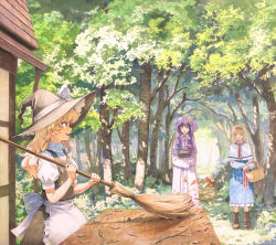 Rule 34 | 3girls, alice margatroid, apron, basket, black skirt, blonde hair, blue bow, blue dress, blue ribbon, blunt bangs, bob cut, book, boots, bow, braid, branch, broom, brown footwear, building, buttons, capelet, commentary request, crescent, crescent hat ornament, dappled sunlight, day, dress, forest, frilled apron, frilled dress, frills, hair bow, hairband, hat, hat bow, hat ornament, hat ribbon, high collar, highres, holding, holding basket, holding book, holding broom, house, kirisame marisa, leaf, long hair, long sleeves, marker (medium), mob cap, multiple girls, mushroom, nature, open mouth, outdoors, patchouli knowledge, profile, puffy short sleeves, puffy sleeves, purple capelet, purple dress, purple eyes, purple hair, red bow, red hairband, red neckwear, red ribbon, ribbon, sash, shiratama (hockey), short hair, short sleeves, single braid, skirt, smile, standing, sunlight, sweeping, table, touhou, traditional media, trail, tree, turtleneck, waist apron, white bow, white capelet, white sash, witch hat, yellow eyes
