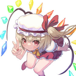 Rule 34 | 1girl, blonde hair, bow, crystal, flandre scarlet, frilled sleeves, frills, hat, hat ribbon, highres, looking at viewer, mob cap, puffy sleeves, red eyes, red ribbon, red skirt, red vest, ribbon, shiroi karasu, short hair, short sleeves, side ponytail, simple background, skirt, smile, solo, touhou, vest, white background, white hat, wings