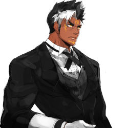 Rule 34 | 1boy, bara, black hair, coat, collared coat, collared shirt, dark-skinned male, dark skin, facial tattoo, formal, frown, gloves, long sideburns, looking to the side, male focus, manly, mature male, multicolored hair, muscular, muscular male, nikism, open clothes, open coat, original, shirt, sideburns, solo, suit, tattoo, thick eyebrows, tight clothes, upper body, white hair, yellow eyes