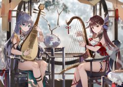 Rule 34 | 2girls, artist name, bare shoulders, black hair, blue eyes, breasts, brown eyes, chair, china dress, chinese clothes, cleavage, closed eyes, closed mouth, dark skin, dress, earrings, fu hua, fu hua (azure empyrea), holding, holding instrument, hollyyn, honkai (series), honkai impact 3rd, instrument, jewelry, li sushang, looking at viewer, medium breasts, multiple girls, ponytail, sitting, sleeveless, sleeveless dress, smile, table, vase, white dress
