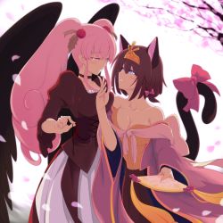 Rule 34 | 2girls, animal ears, bad id, bad pixiv id, blue eyes, blush, bow, breasts, brown hair, cat ears, cat tail, cherry blossoms, choker, cleavage, dress, eye contact, hair bow, hair ornament, hand fan, hand on another&#039;s chin, highres, long hair, looking at another, multiple girls, parted lips, pink eyes, pink hair, ririmuhime (shikihime zoushi), sakahime (shikihime zoushi), shikihime zoushi, smile, tail, tail bow, tail ornament, twintails, untying, waero, wings, yuri