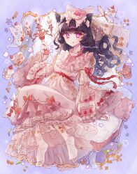 Rule 34 | 1girl, animal ears, argyle, argyle background, argyle clothes, barefoot, black hair, bow, bowtie, breasts, cake, cake slice, candle, candlestand, cat ears, cat girl, cat tail, commentary, curtains, dress, flower (symbol), food, frilled dress, frills, fruit, ghost, ghost girl, highres, holding, holding candle, layered dress, long sleeves, looking at viewer, mirror, original, pink bow, pink bowtie, pink dress, purple background, purple eyes, red bow, semi-transparent, small breasts, solo, strawberry, symbol-only commentary, tail, tongue, tongue out, tsukumi bis, twitter username, veil, wavy hair, wide sleeves