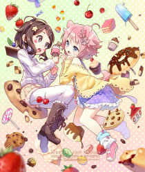Rule 34 | + +, 2girls, animal ears, artist name, bare shoulders, blue eyes, blueberry, blurry, blush, blush stickers, boots, brown eyes, brown footwear, cake, cake slice, candy, cherry, clothing cutout, collaboration, cookie, cross-laced footwear, cupcake, depth of field, dog ears, dog tail, doughnut, food, frilled boots, frilled skirt, frills, fruit, full body, gradient background, hair ornament, hairclip, hand on own cheek, hand on own face, head tilt, heart cutout, highres, holding, holding food, hyanna-natsu, ice cream, icing, knee boots, lace-up boots, leg warmers, lollipop, long sleeves, macaron, multiple girls, off shoulder, original, pantyhose, pantyhose under shorts, pink footwear, pink hair, polka dot, polka dot background, popsicle, pudding, purple skirt, shoes, short shorts, shorts, skirt, sp-nova, sparkling eyes, star (symbol), star hair ornament, strawberry, sweater, tail, tareme, teeth, turtleneck, turtleneck sweater, upper teeth only, white legwear, white sweater, yellow shorts