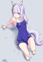 Rule 34 | 1girl, animal ears, barefoot, blue one-piece swimsuit, bow, breasts, commentary request, competition school swimsuit, ear bow, ear ribbon, highres, horse ears, horse girl, horse tail, long hair, looking at viewer, mejiro mcqueen (umamusume), one-piece swimsuit, purple eyes, purple hair, school swimsuit, sitting, small breasts, solo, swimsuit, t2r, tail, tracen swimsuit, umamusume